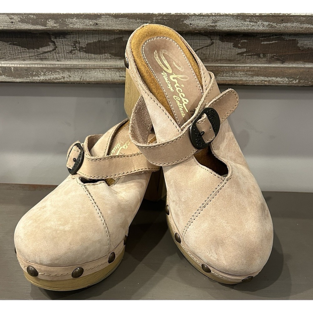 Sbicca Vintage Collection Tan Leather Faux Wood Platform Studs Clogs US 7M EU 38